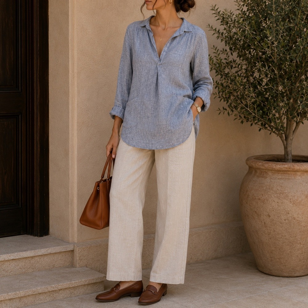 CP Shades Blue Chambray 100% Linen Tunic Top Small Coastal Lagenlook Made in USA